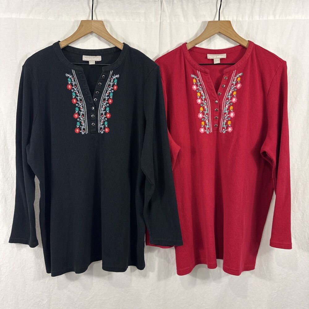 Woman Within Set Of 2 Floral Embroidered Waffleknit Shirts Womens Sz 1X 22/24